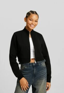 BERSHKA Printed High Neck - Sweater Met Rits - Black