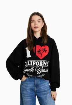 BERSHKA Printed - Hoodie - Black