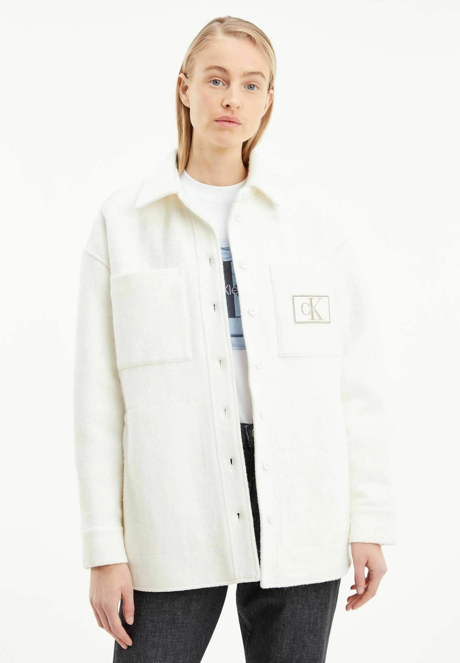 Calvin Klein Jeans Boucle Textured Shacket - Jas - Offwhite 1 Calvin Klein Jeans Boucle Textured Shacket - Jas - Offwhite